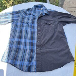 Vintage Men's Wrangler X-Long Tails Shirt Size L Black  Blue Snap Short‎ Sleeve
